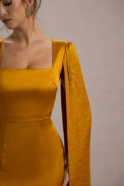 Nalda | Mustard Square-Neck Midi Dress With Cape Sleeves
