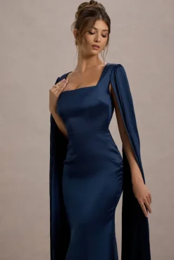 Nalda | Navy Square-Neck Midi Dress With Cape Sleeves