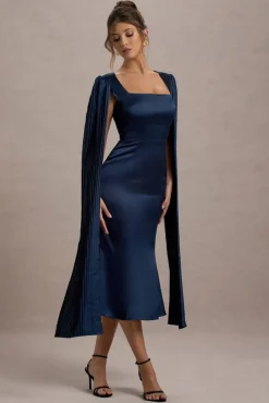 Nalda | Navy Square-Neck Midi Dress With Cape Sleeves