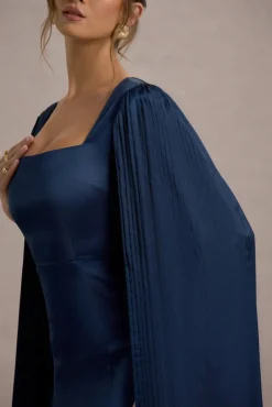 Nalda | Navy Square-Neck Midi Dress With Cape Sleeves