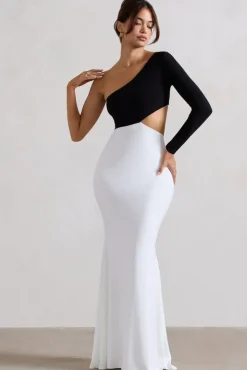 Nantes | Black u0026 White Asymmetric One-Sleeve Cut-Out Maxi Dress