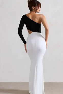 Nantes | Black u0026 White Asymmetric One-Sleeve Cut-Out Maxi Dress