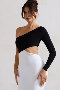 Nantes | Black u0026 White Asymmetric One-Sleeve Cut-Out Maxi Dress