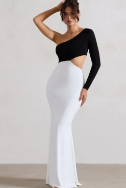 Nantes | Black u0026 White Asymmetric One-Sleeve Cut-Out Maxi Dress