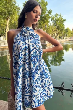 Naples | Blue Porcelain Print Halter-Neck Mini Dress With Corsage