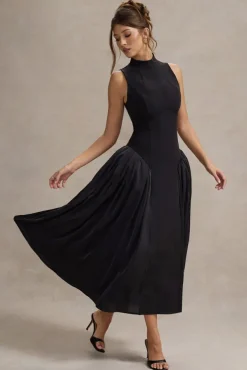 Napoli | Black High-Neck Volume-Skirt Midi Dress