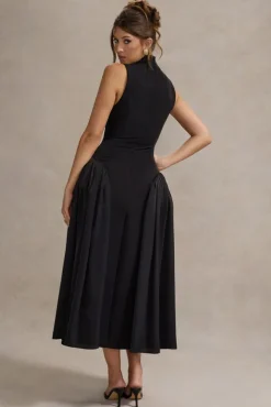 Napoli | Black High-Neck Volume-Skirt Midi Dress
