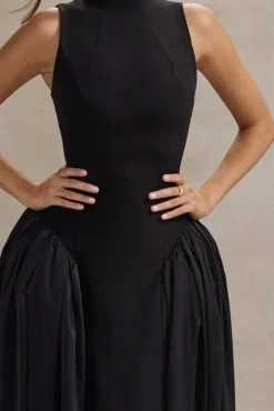 Napoli | Black High-Neck Volume-Skirt Midi Dress