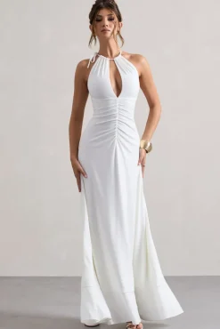 Naria | Cream Ruched Cut-Out Split Maxi Dress