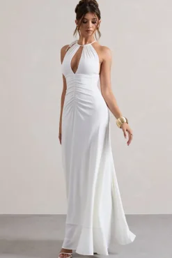 Naria | Cream Ruched Cut-Out Split Maxi Dress