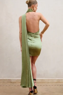 Nasira | Olive Asymmetric Neck Open Back Mini Dress With Scarf Detail