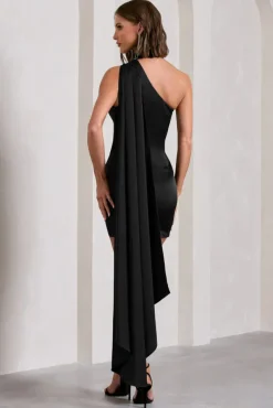 Natalie | Black Satin One Shoulder Mini Dress With Scarf Detail