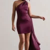 Natalie | Plum Satin One Shoulder Mini Dress With Scarf Detail