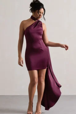 Natalie | Plum Satin One Shoulder Mini Dress With Scarf Detail