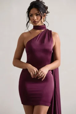 Natalie | Plum Satin One Shoulder Mini Dress With Scarf Detail
