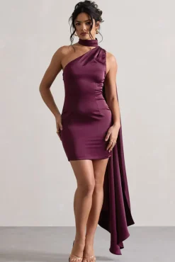 Natalie | Plum Satin One Shoulder Mini Dress With Scarf Detail