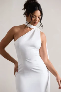 Natalie | White Satin One Shoulder Mini Dress With Scarf Detail