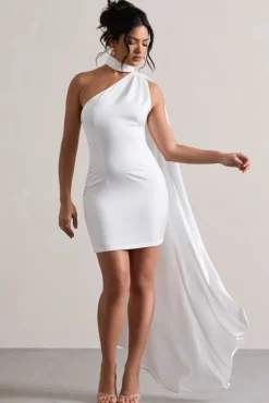 Natalie | White Satin One Shoulder Mini Dress With Scarf Detail