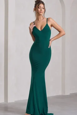 Naya | Bottle Green Strappy V-Neck Fishtail Maxi Dress