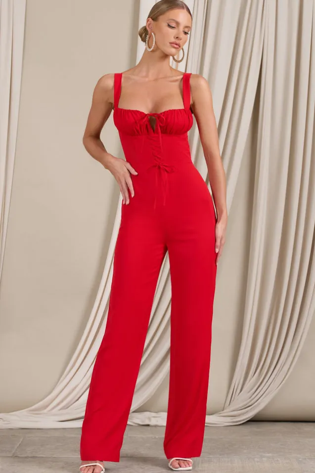 Nebbiolo | Red Strappy Laced Corset Jumpsuit