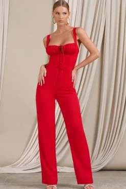 Nebbiolo | Red Strappy Laced Corset Jumpsuit