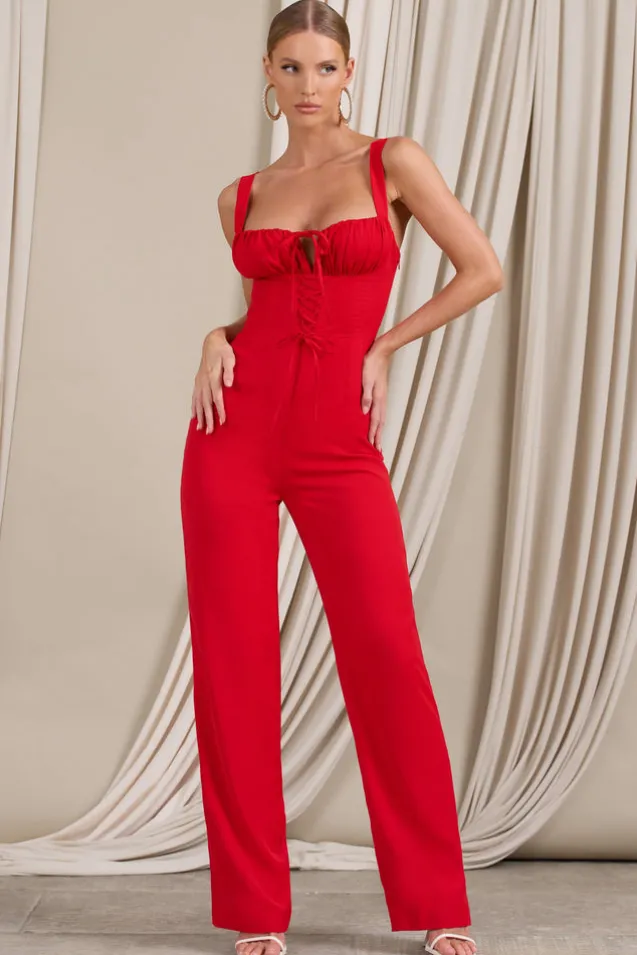 Nebbiolo | Red Strappy Laced Corset Jumpsuit