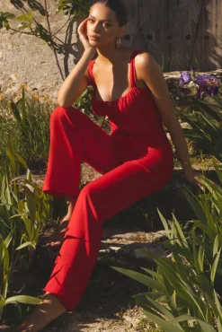 Nebbiolo | Red Strappy Laced Corset Jumpsuit