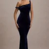 Neeka | Navy Velvet Twisted Asymmetric Maxi Dress