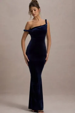 Neeka | Navy Velvet Twisted Asymmetric Maxi Dress