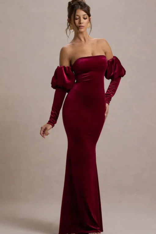 Neoma | Berry Velvet Bardot Puff-Sleeve Maxi Dress