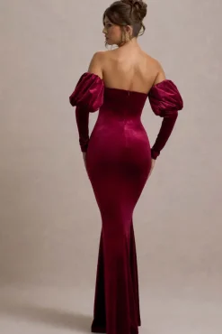 Neoma | Berry Velvet Bardot Puff-Sleeve Maxi Dress