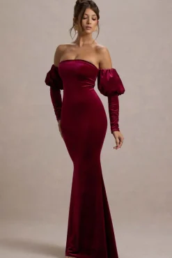 Neoma | Berry Velvet Bardot Puff-Sleeve Maxi Dress