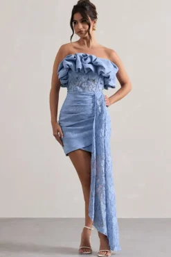Neptune | Blue Lace Strapless Ruffled Mini Dress With Drape