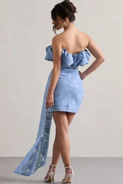 Neptune | Blue Lace Strapless Ruffled Mini Dress With Drape