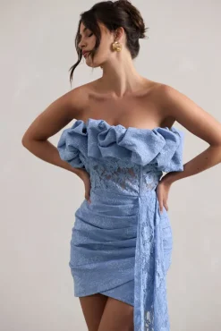 Neptune | Blue Lace Strapless Ruffled Mini Dress With Drape