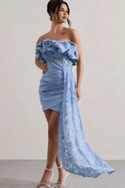 Neptune | Blue Lace Strapless Ruffled Mini Dress With Drape
