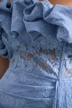 Neptune | Blue Lace Strapless Ruffled Mini Dress With Drape