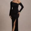 Nerina | Black Asymmetric Long-Sleeve Split Maxi Dress