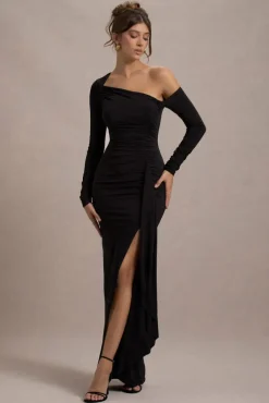 Nerina | Black Asymmetric Long-Sleeve Split Maxi Dress