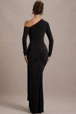 Nerina | Black Asymmetric Long-Sleeve Split Maxi Dress