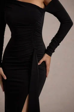 Nerina | Black Asymmetric Long-Sleeve Split Maxi Dress