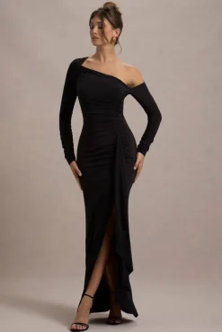 Nerina | Black Asymmetric Long-Sleeve Split Maxi Dress