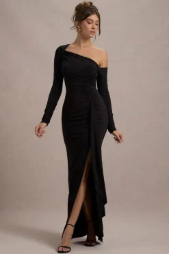 Nerina | Black Asymmetric Long-Sleeve Split Maxi Dress