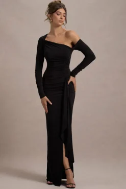 Nerina | Black Asymmetric Long-Sleeve Split Maxi Dress