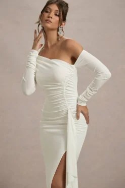 Nerina | Cream Asymmetric Long-Sleeve Split Maxi Dress