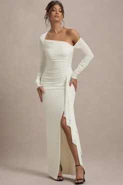 Nerina | Cream Asymmetric Long-Sleeve Split Maxi Dress