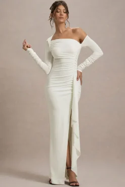 Nerina | Cream Asymmetric Long-Sleeve Split Maxi Dress