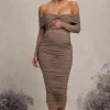 Neva | Mocha Bardot Twist Maternity Midi Dress