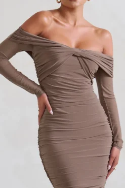 Neva | Mocha Bardot Twist Midi Dress