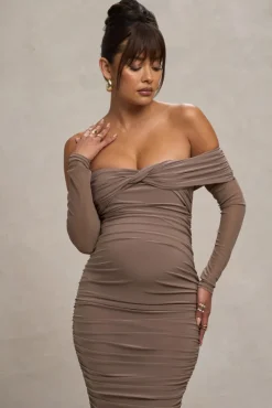 Neva | Mocha Bardot Twist Maternity Midi Dress